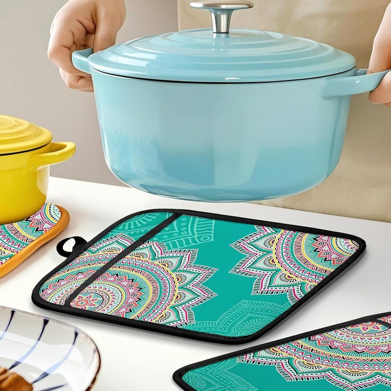 HUGANE Turquoise Abstract Mandala Floral Pot Holders for Kitchen, Boho Colorful Ethnic Flower Botanical Heat Resistant Hot Pads and Oven Mitts for Baking Cooking，379 potholder - Image 5